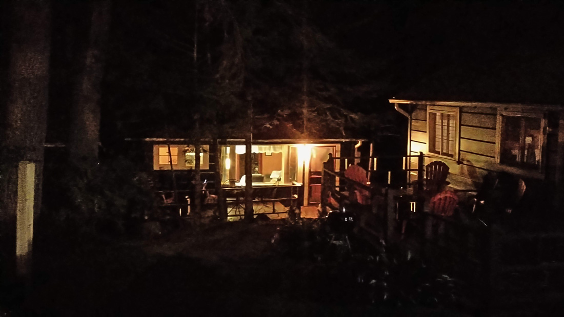CP cabin 21 with fire at night